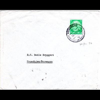 DR 1938, 5 Pf. m. perfin TL auf Firmen Brief v. Nürnberg n. Norwegen