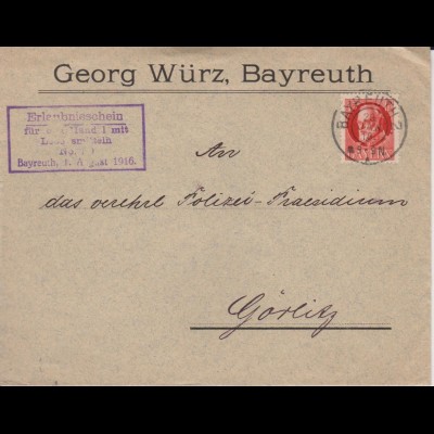 Bayern 1918, Firmen Brief v. Bayreuth m Cachet "Erlaubnisschein f. Handel" #1705