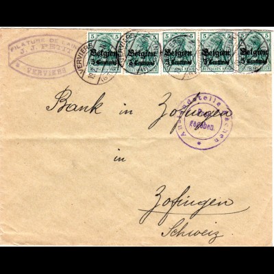 Dt. Besetzung Belgien 1916, 5x5 C. auf Zensur Brief v. Verviers i.d. Schweiz