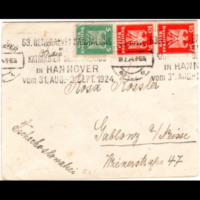 DR 1924, Maschinen Werbe Stpl. 63. Katholiken Gen.Vers. auf Brief v. Hannover
