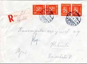 Finnland 1949, KESTILÄ, handschriftlicher Reko Zettel auf Brief m. MeF 4x6 M.