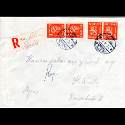 Finnland 1949, KESTILÄ, handschriftlicher Reko Zettel auf Brief m. MeF 4x6 M.