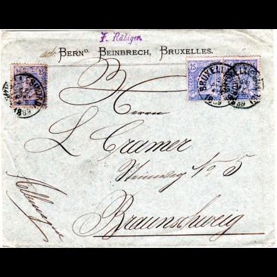 Belgien 1889, 3X25 C. auf Firmen Brief v. Brüssel n. Braunschweig