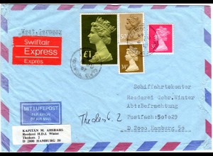 GB 1987, 1 Pound+3+34+50d auf Luftpost Express Brief v. Glanydon n. Hamburg