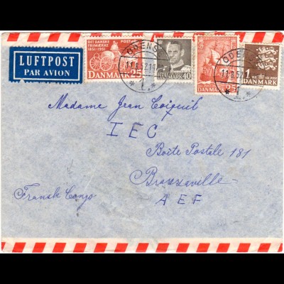Dänemark 1952, 4 Marken auf Luftpost Brief v. ODENSE n. Französisch Kongo!