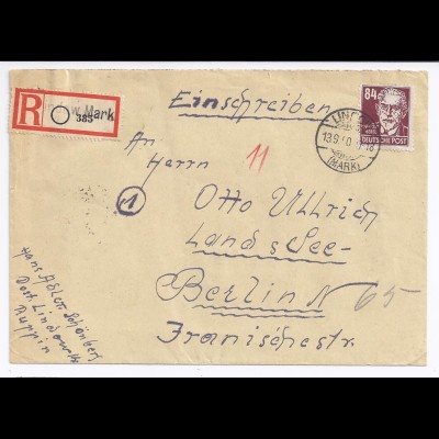 DDR 1950, Lindow Mark, Brief m. eingestempeltem Einschreiben Zettel. #1823
