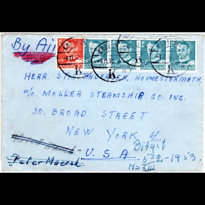 Dänemark 1952, 30+4x65 öre auf Luftpost Brief v. Kopenhagen n. USA