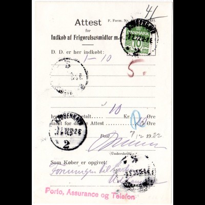 Dänemark 1922, 10 öre auf Postformular Quittung v. Kopenhagen