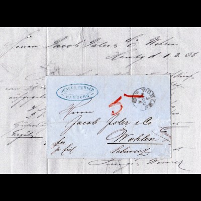 Hamburg 1868, privat bis Wohlen transportierter Brief i.d. Schweiz. Forwarder