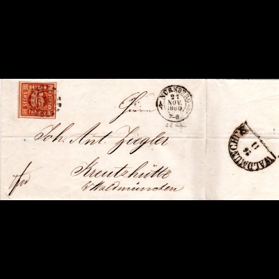 Bayern 1860, breitrandige 6 Kr. auf Brief v. Nürnberg n. Kreuzhütte, Österreich