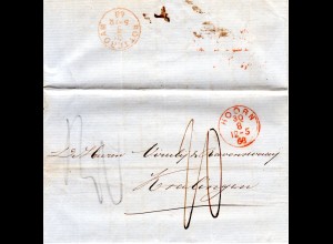 NL 1868, roter K1 HOORN auf Brief n. Kralingen. Gesamtporto "30" C.