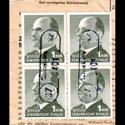 DDR 1087, 4er-Block 1 Mk. auf Briefstück m. Landpost Stpl. 37 SONNEBERG