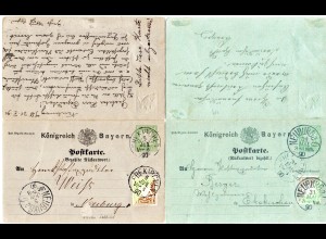 Bayern 1890, 3 Pf. grün+braun, 4 Diagonalhalbierungen auf Doppelkarte Ganzsache