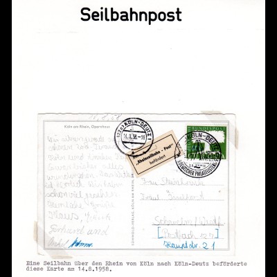 BRD 1958, Seilbahnpost zum 69 Dt. Philatelistentag, Karte v. Köln-Deutz