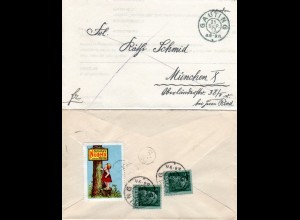Bayern 1913, 2x5 Pf. u. attraktive Werbe Vignette rücks auf Brief v. GAUTING