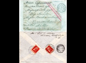 Bayern 1911, 2x10 Pf. Luitpold rücks. auf Brief v. München 45 n. Russland