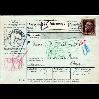 Bayern 1912, EF 80 Pf. Luitpold Type I auf Paketkarte v. ASCHAFFENBURG i.d. CH