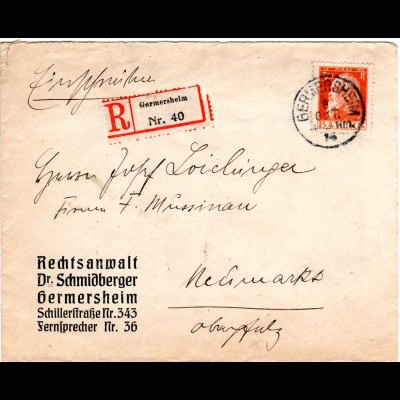 Bayern 1913, EF 30 Pf. Luitpold auf Einschreiben Brief v. GERMERSHEIM
