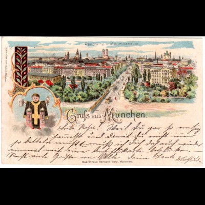 Gruss aus München, Panorama v. Maximilianeum, 1899 gebr. Litho-AK