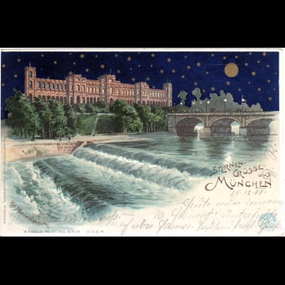 Sternengrüße aus München m. Isar u. Maximilianeum, 1900 gebr. Farb-AK