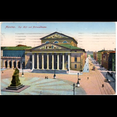 München, Residenztheater u. Maximilianstr. m. Tram Bahn, 1915 gebr. Farb-AK