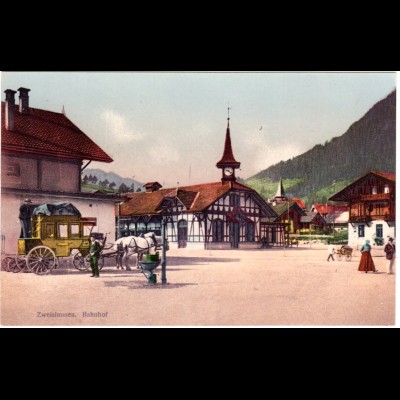 Schweiz, Zweisimmen Bahnhof m. Pferde Kutsche, ungebr. Farb-AK
