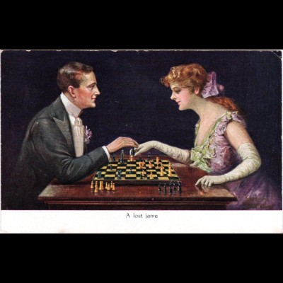 Dame u. Herr beim Schach Spiel, A lost game, ungebr. Farb-AK