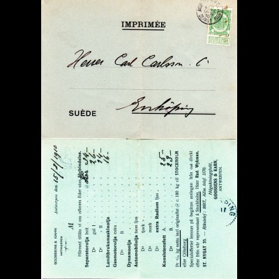 Belgien 1910, 5 C. auf Drucksachen Falt-Karte v. Anvers n. Schweden