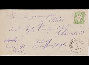 Bayern 1878, EF 3 Pf. WZ "weite Welle" auf Orts Brief v. Scheinfeld. #1002