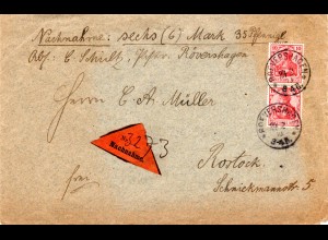 DR 1910, Paar 10 Pf. hellrot auf Nachnahme Brief m. Mecklenburg-K1 ROEVERSHAGEN