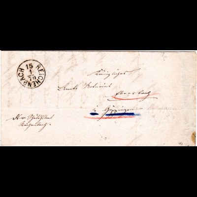 Württemberg 1870, K1 REICHENBACH m. kopfstehendem Datum auf Brief n. Ebersbach
