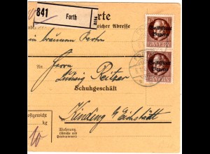 Bayern 1920, MeF 2x75 Pf. Volksstaat auf Paketkarte v. Fürth n. Kinding