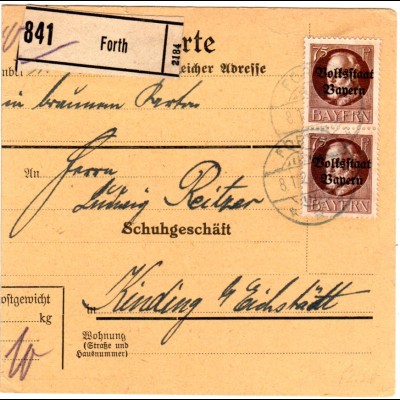 Bayern 1920, MeF 2x75 Pf. Volksstaat auf Paketkarte v. Fürth n. Kinding