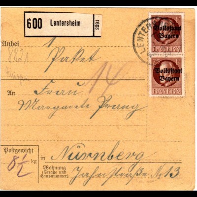 Bayern 1920, MeF 2x75 Pf. Volksstaat auf Paketkarte v. LENTERSHEIM
