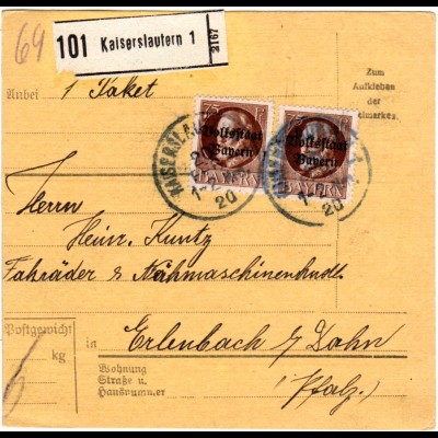 Bayern 1920, MeF 2x75 Pf. Volksstaat auf Paketkarte KAISERSLAUTERN - Erlenbach