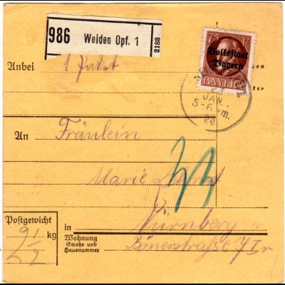 Bayern 1920, EF 75 Pf. Volksstaat auf Paketkarte v. WEIDEN Opf.1