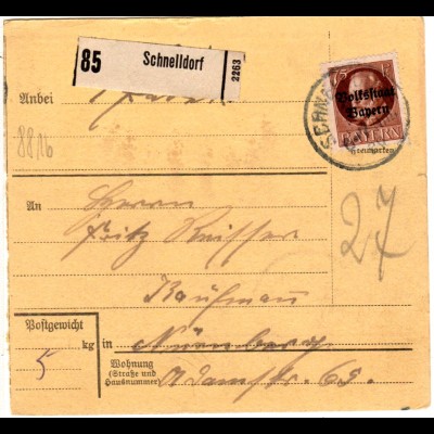 Bayern 1920, EF 75 Pf. Volksstaat auf Paketkarte v. SCHNELLDORF