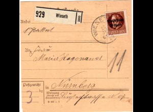 Bayern 1920, EF 75 Pf. Volksstaat auf Paketkarte v. WIESETH