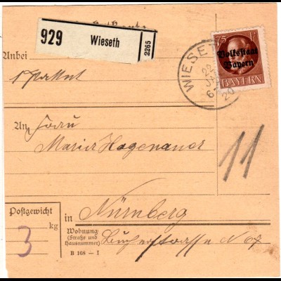 Bayern 1920, EF 75 Pf. Volksstaat auf Paketkarte v. WIESETH