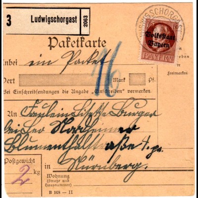 Bayern 1920, EF 75 Pf. Volksstaat auf Paketkarte v. LUDWIGSCHORGAST