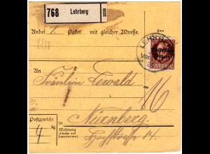 Bayern 1920, EF 75 Pf. Volksstaat auf Paketkarte v. LEHRBERG