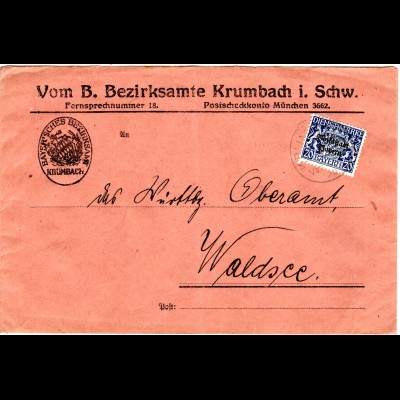 Bayern 1920, EF 20 Pf. Dienst Volksstaat auf Bezirksamts Brief v. KRUMBACH