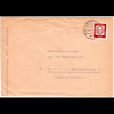 BRD 1962, Landpost Stpl. BIEBELSHEIM über Bad Kreznach auf Brief m. 20 Pf.