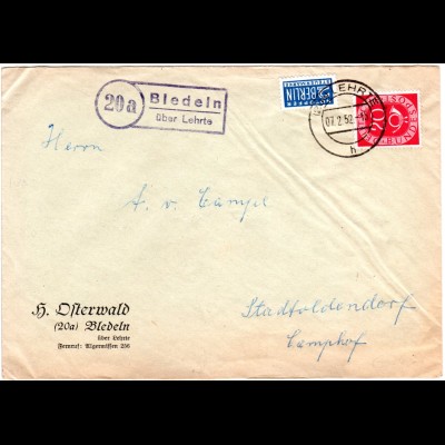 BRD 1952, Landpost Stpl. 20a BLEDELN über Lehrte auf Brief m. 20 Pf.+Notopfer 