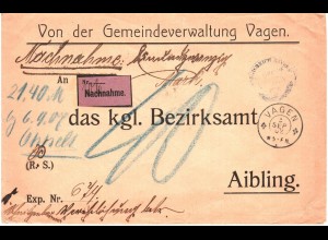 Bayern 1907, K2 Vagen auf Gemeindeverwaltungs Nachnahme Brief n. Aibling. #2605