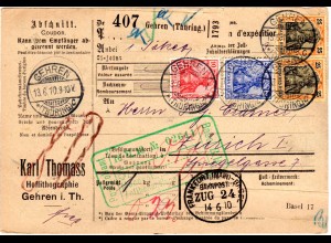 DR 1910, 10+20+2x25 Pf. Germania auf Paketkarte v. GEHREN i.d. Schweiz