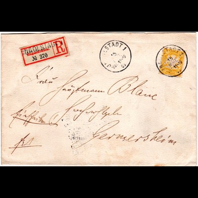 Bayern 1903, EF 40 Pf. auf Einschreiben Brief v. INGOLSTADT m. eingest. R-Zettel