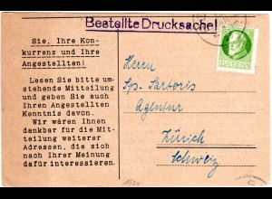 Bayern 1920, EF 5 Pf. auf "Bestellte Drucksache" v. Füssen i.d. Schweiz