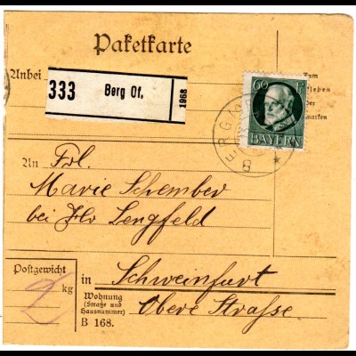 Bayern 1917, EF 60 Pf. auf Paketkarte v. Berg Oberfranken