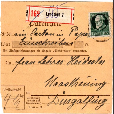 Bayern 1918, EF 60 Pf. auf Einschreiben Paketkarte v. Landshut n. Moosthenning